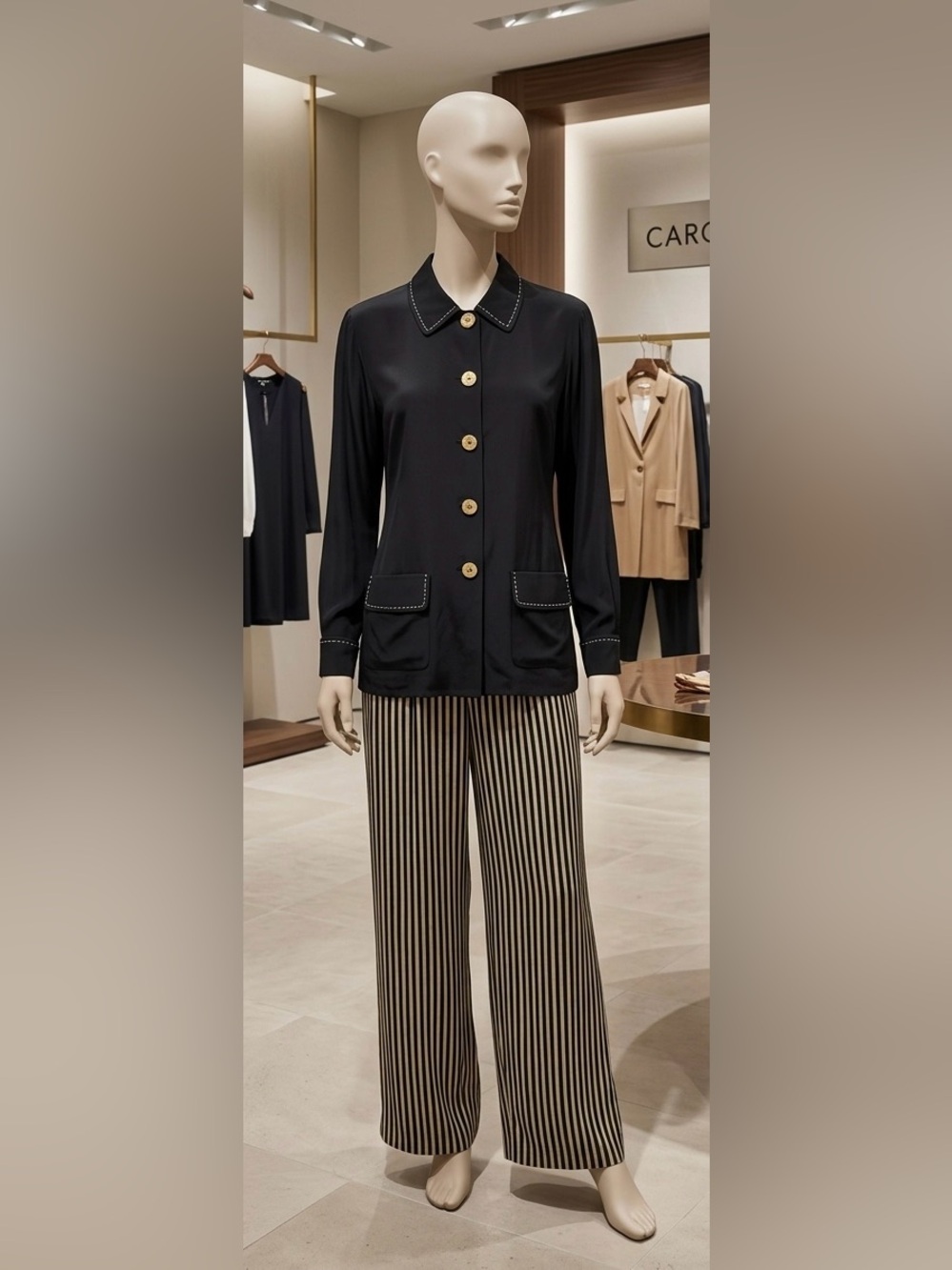 Carole Little Black Button-Front Top with Beige and Black Striped Trousers